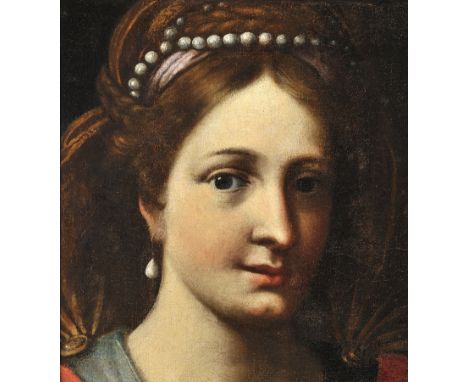 Scuola emiliana, XVII secolo Ritratto di dama con perle sul capo Olio su tela, cm 33,5x32 Emilian school, 17th century, Portr