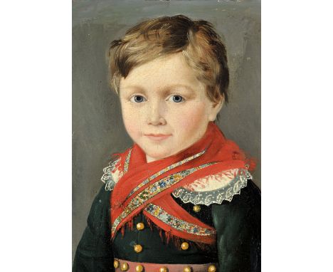 Scuola dell’Italia settentrionale, XIX secolo Ritratto di bambino con fascia rossa Olio su tela, cm 32x5x24,5 Northern Italy 