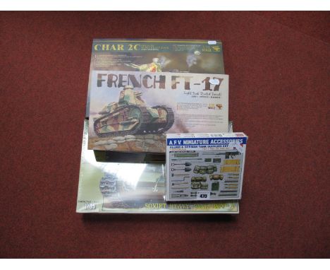 Four Plastic Model Military Kits, comprising of 1:35th scale Meng Char 2C French Super Heavy Tank, Meng French FT-17 Light Ta