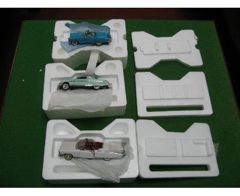 Three 1:43rd Scale Franklin Mint Diecast Precision Models, to include Ford Thunderbird, 59' Cadillac, boxed.