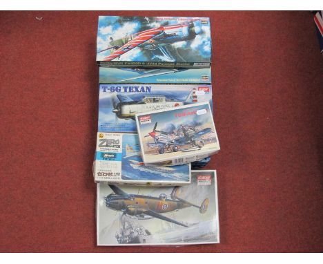 Six 1:72nd Scale Plastic Model Military Aircraft Kits, by Hasegawa, Academy all WWII era aircraft including Mitsubishi AGM2, 