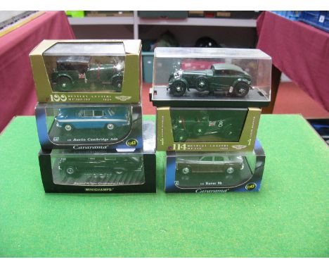 Six 1:43rd Scale Diecast Model Vehicles by Minichamps, Brumm, Cararama, including Minichamps Bentley R-Type Continental 1954,