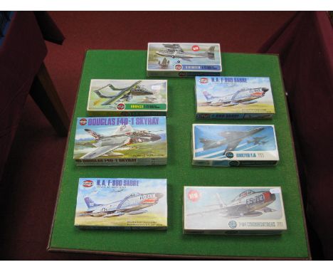 Seven Airfix 1:72nd Scale Plastic Model Military Aircraft Kits, mostly jets including Hunter F-6, Defender, N.A. F-86D Sabre,