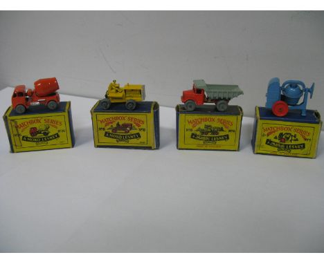 Four Moko Lesney 1-75's No 3 Cement Mixer, No 26-ERF Cement Mixer, No 6 Quarry Truck, No 9 Caterpillar Tractor, all fair, ver