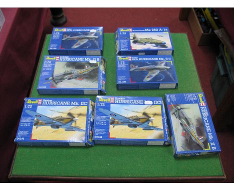 Seven Revell 1:72nd Scale Plastic Model Military Aircraft Kits, to include Messerschmitt ME262A-1A, Hawker Hurricane MKII B, 