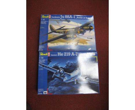 Two Revell 1:32nd Scale Plastic Model Military Aircraft Kits, comprising of #04728 Junkers JU88A-1 'Battle of Britain", #0466