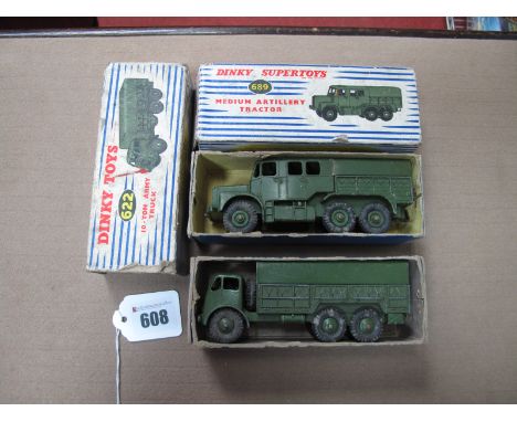 Two Dinky Toys No. 622 '10-Ton Army Truck and No. 689 'Medium Artillery Tractor', both fair, boxed, staining/tears/damage to 