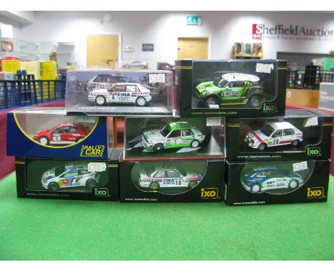 Eight 1:43rd Scale Diecast Model Rally Cars by Ixo and Other, including Mini All 4 Racing #302, Citroen Visa Chrono #28, all 