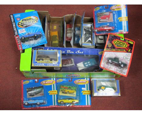 Eighteen Diecast Model Vehicles by ERTL, Road Champs, including ERTL 68' GTO, 1955 Chevy Cameo Pickup, Roadchamps Fabulous Fi
