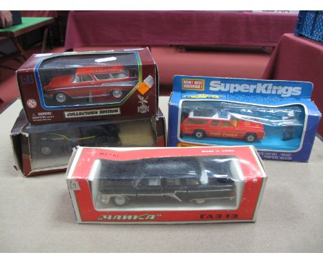 Four Diecast Model Vehicles, to include Matchbox Superkings K-67 Dodge Monaco Fire Chief, a 1:43rd scale 'Made in USSR' "YANK