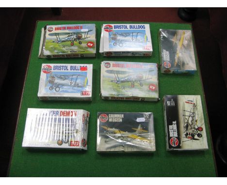 Eight Boxed Airfix 1:72nd Scale Plastic Model Military Aircraft Kits, to include Bristol Bulldog II Hawker Demon, Grumman Wid