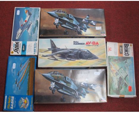 Six 1:72nd Scale Plastic Model Military Aircraft Kits, by Hasegawa Fujimi, , all jets including BAE Harrier AV-8A Jaguar E/T 