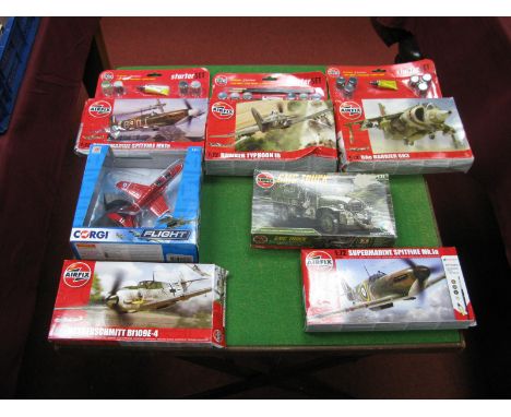 Six Mainly 1:72nd Scale Airfix Plastic Kits, including Spitfire, Typhoon, Harrier GR3, all appear unstarted but boxes damaged