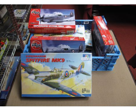 Six 1:72nd  Scale Plastic Model Military Aircraft Kits, by Airfix, Italeri, Hasegawa, all Spitfires, kits appear complete wit