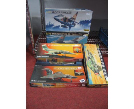 Six 1:72nd Scale Plastic Model Military Aircraft Kits, by Heller/Humbrol, all jets including Lockheed F104G Starfighter, Glos