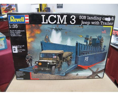 A Revell 1:35th Scale Plastic Model Kit #03000 LCM3 50ft Landing Craft and Jeep with Trailer, most parts in sealed unopened b