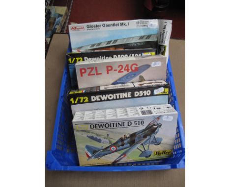 Five 1:72nd Scale Plastic Model Military Aircraft Kits by Revell, AZ Model, Heller and other including Dewoitine D 510, Glost