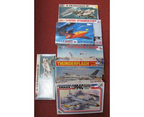 Seven 1:72nd Scale Plastic Model Military aircraft Kits, by Tamiya , Revell Emhar, Esci, Italeri, all jets including U.S.A.F 