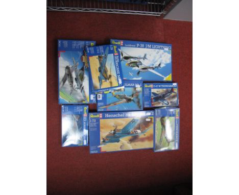 Eight Revell 1:72nd Scale Plastic Model Military Aircraft Kits, to include Lockheed P-38 Lightning, Henschell HS 129 B-2/R-2,