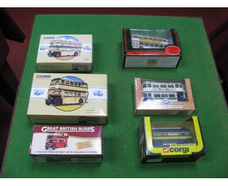 Six Diecast Model Buses and Tram by Corgi, EFE, Atlas Editions, including EFE 1:76th scale #16506 Leyland Atlantean 'Sheffiel