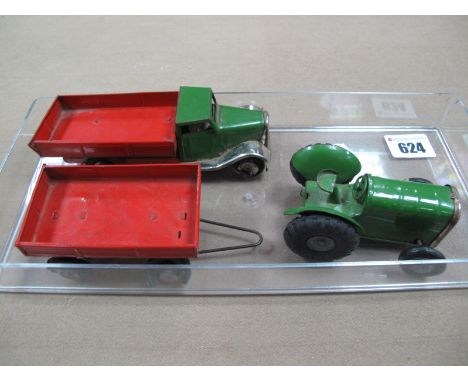 Three Post War Tinplate Minic Vehicles, including green tractor, all fair, wear to types.