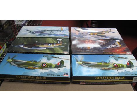 Six Hasegawa 1:72nd Scale Plastic Model Military Aircraft Kits, all WWII era aircraft, including Spitfire MK VIII, Focke-Wulf