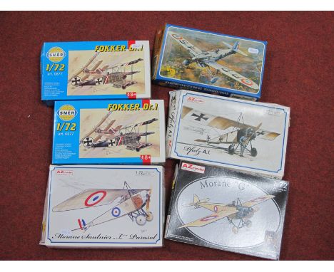 Six 1:72nd Scale Plastic Model Military Aircraft Kits by Smer, AZ models, mostly WWI era Aircraft to include Fokker DR-I, Pfa