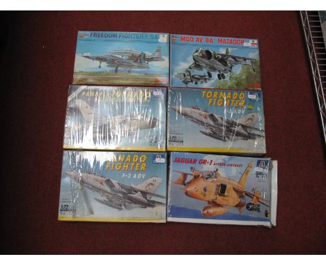 Six 1:72nd Scale Plastic Model Military aircraft Kits, by Esci, Italeri, all jets including Jaguar GR-1 Panavia Tornado, most