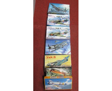 Seven 1:72nd Scale Plastic Model Military Aircraft Kits, by Heller ICM, MPM and other, including Yak-9 WWII Soviet Fighter, H