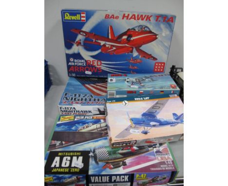 Five Plastic Model Aircraft Kits, including Revell 1:32nd Red Arrows Hawk, Academy F-117A Night Hawk - Last Flight, among oth
