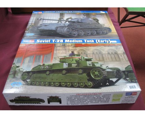 Two Hobby Boss 1:35th Scale Plastic Model Military Tanks, comprising of #82445 German VK4502 (P) Hintern, #83851, Soviet T-28