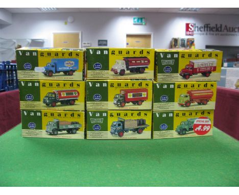 Nine 1:64th Scale Vanguards Diecast Model Vehicles, by Lledo to include Karrier Tanker, 'Butlers Fuels', Leyland Comet box va