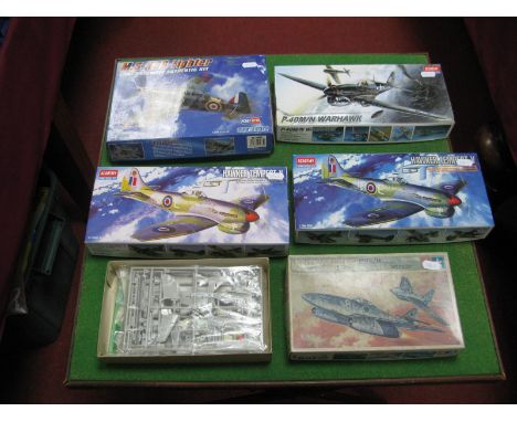 Five 1:72nd Scale Plastic Model Military Aircraft Kits, by Academy Tamiya, Hobby Boss to include P-40/M/N Warhawk, Hawker Tem