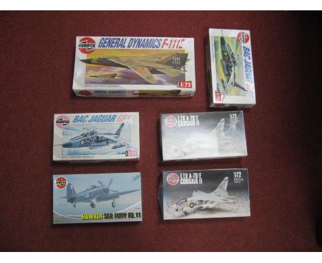 Six Airfix 1:72nd Scale Plastic Model Military Aircraft Kits, mostly jets including BAC Jaguar GRI, L.T.V A-7D/E Corsair II, 