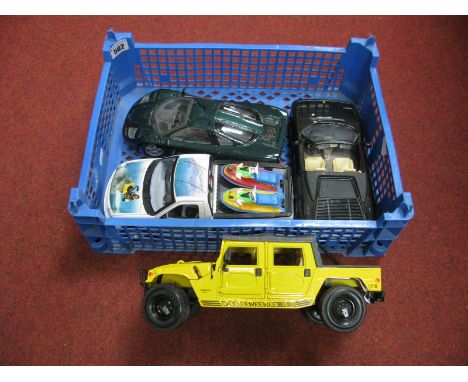 Four 1:18th Scale Diecast Model Vehicles,  to include Maisto Hummer, Mira Ferrari 348, Burago Ford F-150, Maisto McLaren F1, 