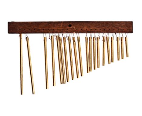 CHIMES FROM CARGO STUDIOS USED ON "ATMOSPHERE". 24 bar set of brass chimes on a wooden block (missing 4 chimes). Tried and te