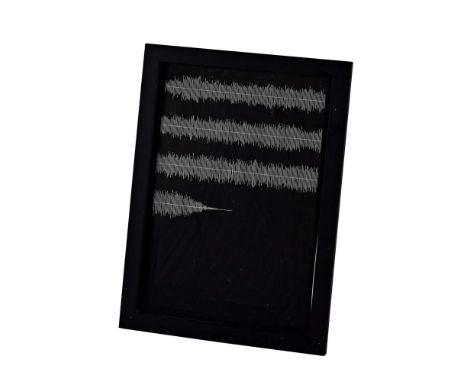 HAND STITCHED 'LOVE WILL TEAR US APART' COMPUTER TRACE OF SOUND GRAPH. A framed piece of needlework, with white thread on bla