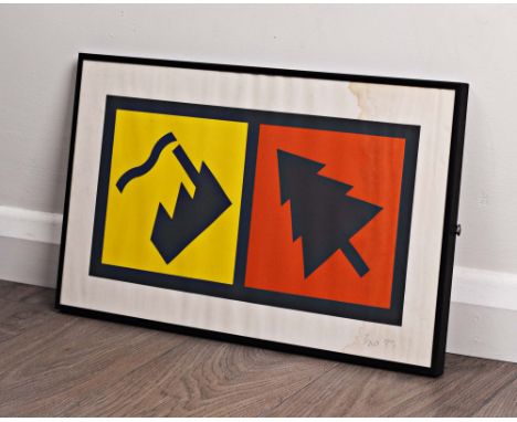 FACTORY CHRISTMAS CARD 3/250 DESIGNED BY PETER SAVILLE. Framed and measuring 20" x 12". Water damage to right hand side of pr