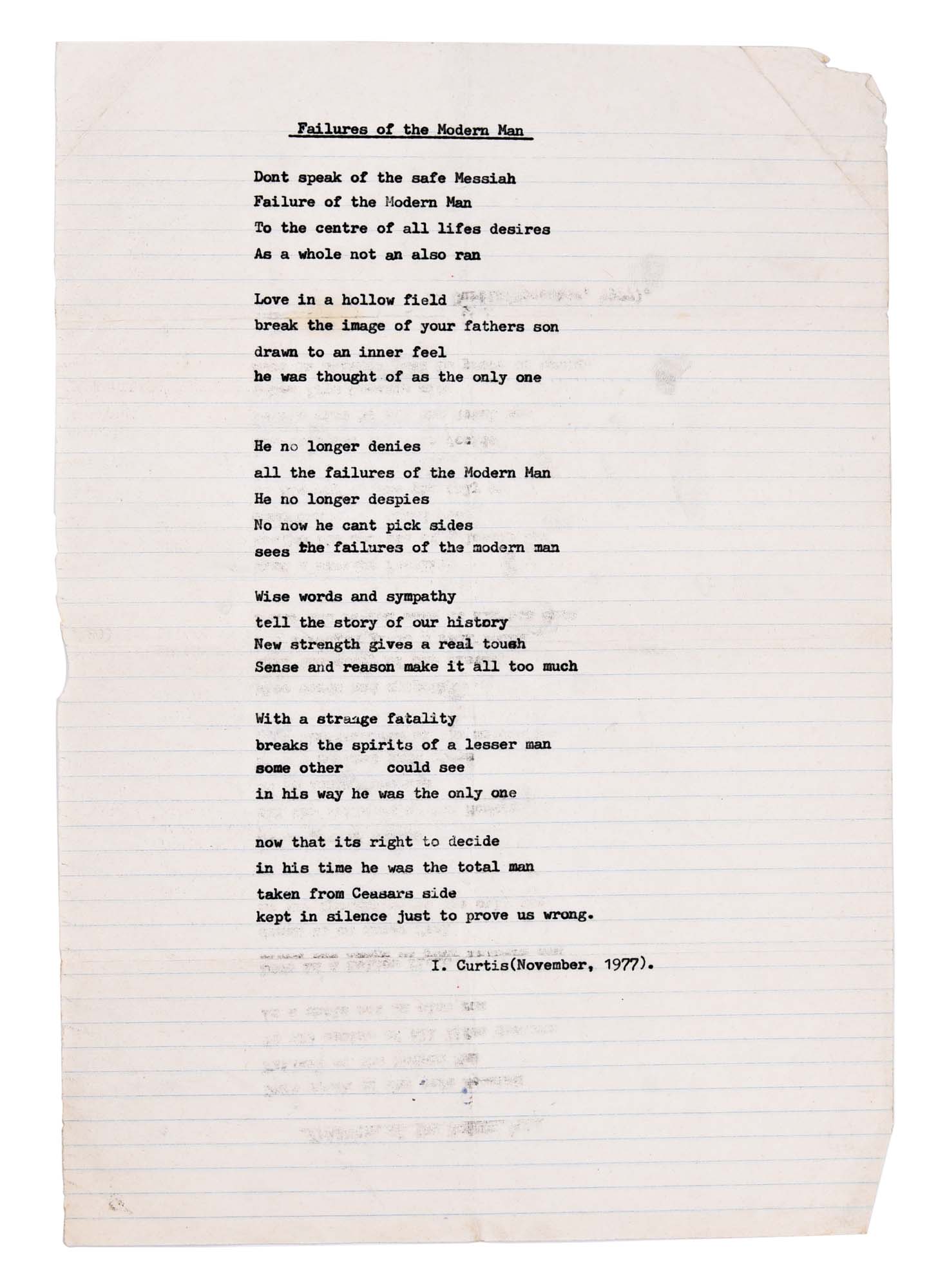 Ian Curtis Joy Division Typed Lyrics For Failures Ian Curtis S Original Typewritten Lyrics F