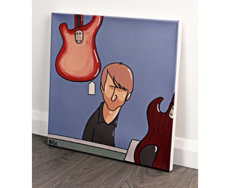 JOY DIVISION PETE MCKEE HOOKY FIRST BASS ART PRINT. Art print on canvas. Titled to frame 'HOOKY BUYS A BASS' and signed by ar