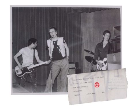 SEX PISTOLS FREE TRADE HALL TICKET, RECORDING AND PHOTOGRAPH. Hooky's ticket from the fabled gig on Friday 4th June 1976 at t