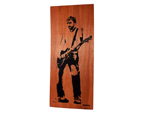 JOY DIVISION PETER HOOK ON PLYWOOD BY STEWY. A stenciled print on plywood depicting Hooky with bass, Measures 36" across and 