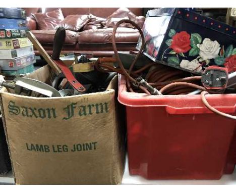 A metal tool box of spanners, three boxes of hand tools, power tools etc 