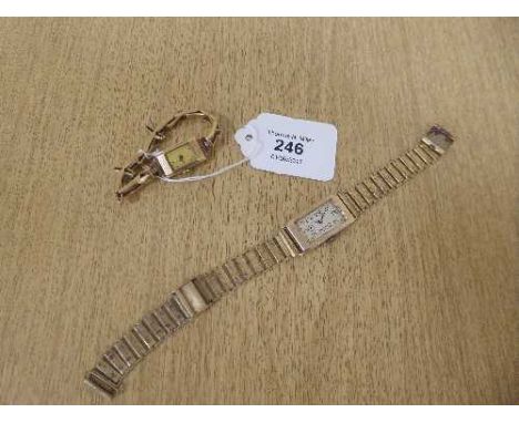 A gents vintage gold rectangular cased wristwatch, circa 1940's, together with a lady's rectangular gold cased wristwatch and