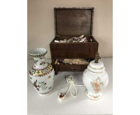 An Anglo Indian carved sewing box, a Chinese vase, bowl with butterfly decoration and a ceramic table lamp 