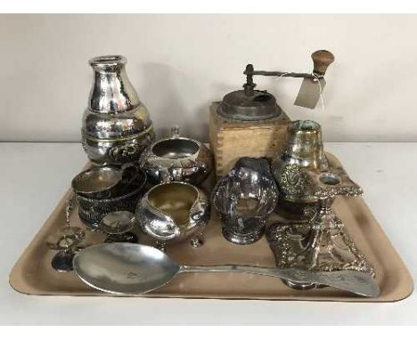 A tray of early 20th century plated ware, basting spoon and coffee grinder 