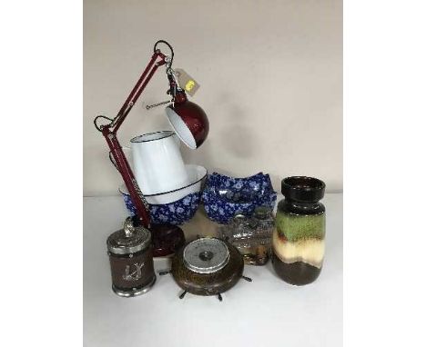 A tray of enamelled jug and basin, angle poise lamp, desk stand, pipe, barometer etc 