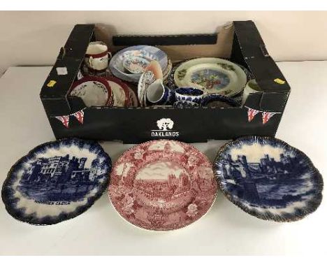 A box of china, willow pattern, Worcester collector's plates etc 
