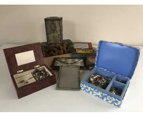 A tray of vintage photo frames and tins, cigarette case, costume jewellery etc