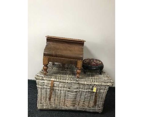 A Victorian mahogany commode, beaded footstool and laundry hamper 
